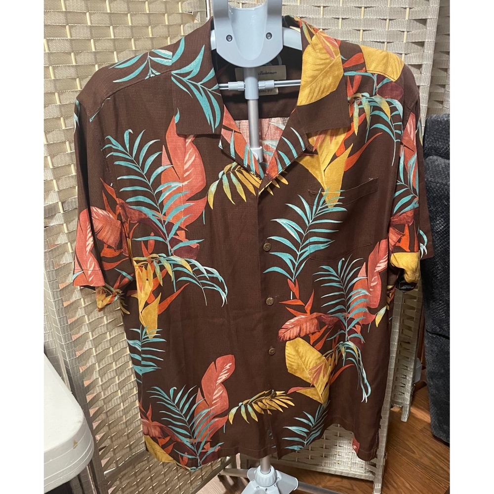 Tommy Bahama Mens Large Silk Tropical Leaf Camp Shirt Brown  Original Fit